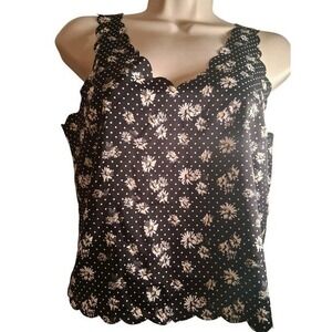 Bongo Womens Black Daisy Polka Dot Scalloped Hem Tank Top Small Floral Camisole